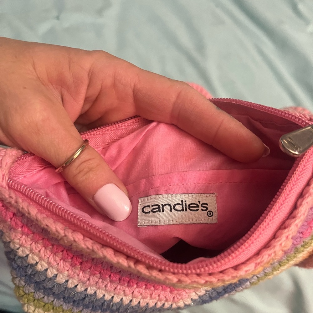 Candie's Pink Crocheted Purse with Multicolor Stripes